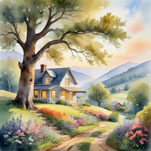 Prompt: Create a UHD, 64K, professional Watercolor painting, Depict a charming,
rustic home situated on a gentle hill.
The house is a quaint,
two-story structure with a welcoming front porch and smoke curling up from the chimney,
suggesting warmth and coziness within.
In the foreground,
wildflowers and tall grasses sway in the breeze,
creating a picturesque and serene environment.
A large,
ancient oak tree with gnarled branches stands nearby,
its roots partially exposed and its leaves casting dappled shadows on the ground.
A dirt path winds its way up the hill,
leading to the front door,
lined with blooming flowers and neatly trimmed bushes.
The midground features rolling hills and a meandering stream,
reflecting the sky’s colors and adding to the idyllic landscape.
In the background,
majestic mountains rise up,
their peaks touching the sky and adding a sense of grandeur and depth to the scene.
The sky is painted in soft hues of dawn,
with the first light of daybreak casting a golden glow over the entire landscape.
The atmosphere captures the tranquility and beauty of rural life,
emphasizing the harmony between the home and its natural surroundings.
Birds can be seen in flight,
and a small garden next to the house suggests self-sufficiency and a close connection to nature.