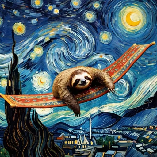 Prompt: A "Sloth"  flying on a "magic carpet" in "The Starry Night" by Vincent van Gogh