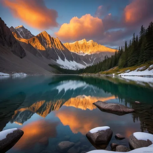 Prompt: In rugged peaks where snow caps gleam,
A lake reflects the day's last beam.
Altocumulus blankets, soft and bright,
Painting the sky with hues of delight.

As sun descends, a fiery dance,
Casting shadows in a fleeting trance.
Mountains stand tall, in silhouette,
As twilight whispers its sweet duet.

Reflections shimmer on tranquil lake,
Nature's masterpiece, no brush can fake.
In this serene, majestic scene,
A sunset's beauty reigns supreme.

(by chatgpt)