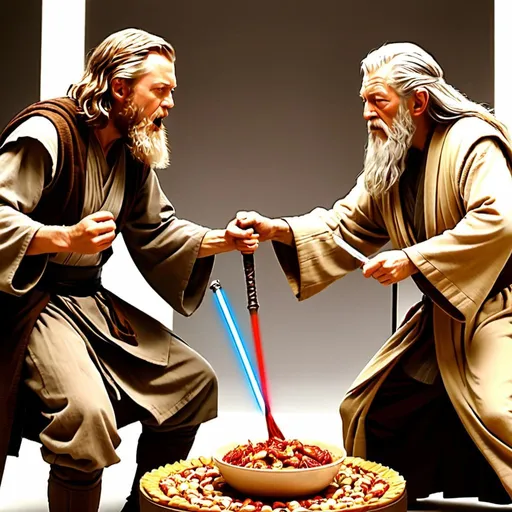 Prompt: Obi-Wan Kenobi and Gandalf in a food fight