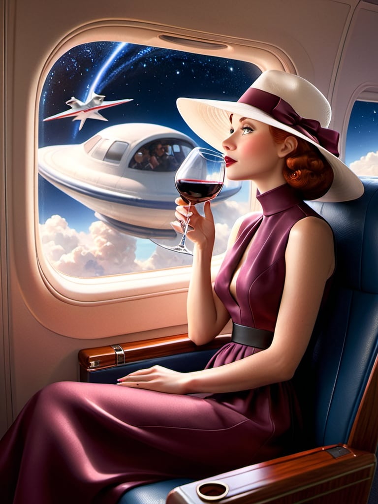 Prompt: a 21-year-old woman in a long flower print Empire Dress with a high neck line and white hat sitting on an airplane seat with a hat on her head drinking red wine,  and (( the Andromeda Galaxy))  in the background with a window, Annie Leibovitz, precisionism, promotional image, an art deco painting  drinking red wine,