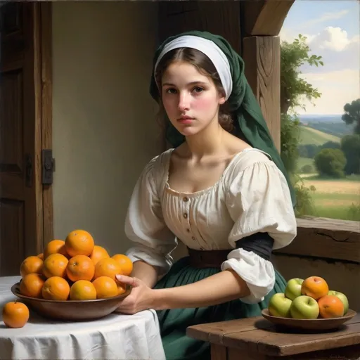 Prompt: Create a professional oil painting blending the styles of Carl Heinrich Bloch, the American Barbizon School, William-Adolphe Bouguereau, and Flemish Baroque art. Depict a young woman in a serene, rustic setting, engaged in a domestic task, wearing a traditional dress.

Subject: A young woman in a 19th-century rural setting, arranging a bowl of oranges and apples on a wooden table covered with a white cloth.

Dress:

Bodice: Fitted with a round neckline, featuring a black overlay  with   a white undershirt.

Sleeves: Black overlay with large, puffed sleeves ending below the elbow, revealing green undershirt sleeves gathered at the cuffs.
Skirt: Long, full, deep green fabric.
Details: White headscarf covering her hair, tied loosely at the back.
Composition: Position the woman centrally, leaning slightly over the table, with her hands gently touching the fruit. Her expression is serene and focused.

Background: Rustic interior with an arched doorway opening to a lush, green landscape with rolling hills, distant trees, and a bright blue sky with white clouds.

Lighting: Chiaroscuro with light coming from the right, illuminating her face and hands, casting soft shadows on the table and fruit. The background has gentle, natural light contrasting with the darker interior.

Detail and Realism: Emphasize textures and details of the dress, fruit, and setting. The fabric should look realistic with visible folds. The fruit should appear fresh and vibrant.

Color Palette: Rich, deep tones. The dress is black with a deep green skirt, contrasted by the white headscarf and undershirt. The fruit should be vibrant with natural hues. The background should have earthy tones and lush greens.

Atmosphere: Calm and reflective, capturing a timeless moment of simplicity and beauty in rural life.