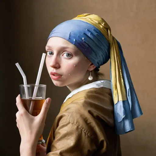 Prompt: "the girl with the pearl earring" drinking through a straw stuck in "an open glass bottle that is wrap in a brown paper."