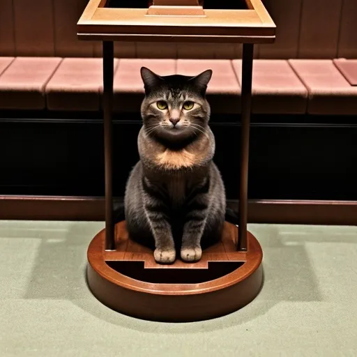 Prompt: "draw a cat sitting on a legislative  podium in  the well of  a legislative chamber during a legislative session."
