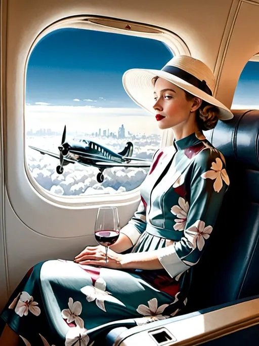 Prompt: a 21-year-old woman in a long flower print Empire Dress with a high neck line and white hat sitting on an airplane seat with a hat on her head drinking red wine,  and a plane in the background with a window, Annie Leibovitz, precisionism, promotional image, an art deco painting  drinking red wine,