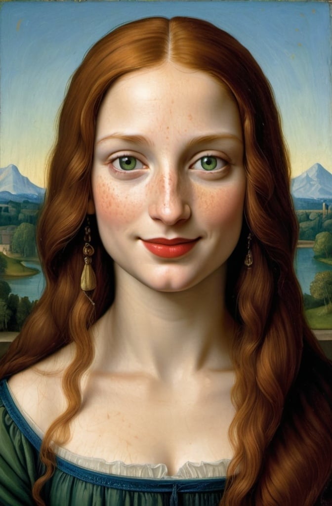 Prompt: a painting of Mona Lisa cover with dark freckle green eyes  long ginger hair, red lipstick, on a smile on her face, with a green background and a blue sky, Fra Bartolomeo, academic art, renaissance oil painting, a painting