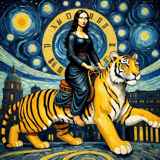 Prompt: Mona Lisa riding a tiger through the Arc de Triomphe in the style of "The Starry Night" by Vincent van Gogh