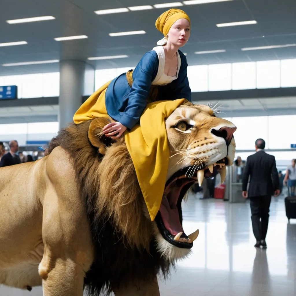 Prompt: "the girl with the pearl earring"   riding a  lion in  an airport