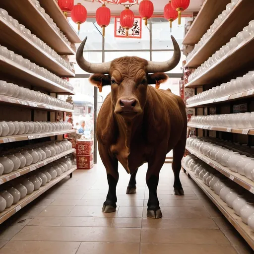 Prompt: A bull in a china shop knocking over shelves of china