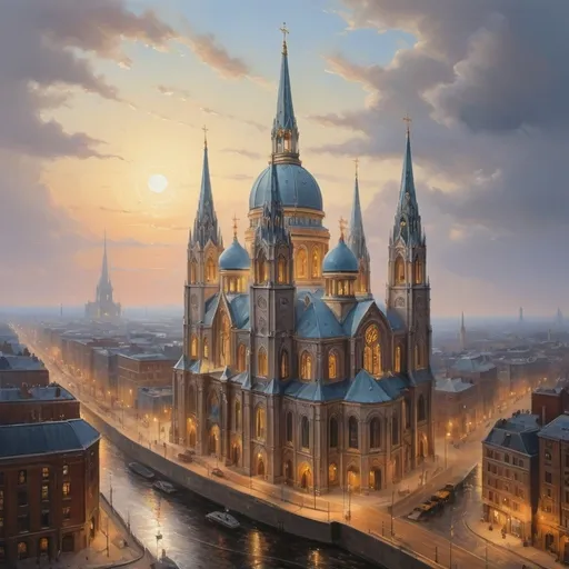 Prompt: Create a UHD, 64K, professional oil painting , traditional religious iconography, The towering cathedral with its elaborate spires and detailed sculptures dominated the skyline a beacon of faith and artistry, The first faint streak of daybreak appeared on the horizon casting a pale light over the sleeping world.