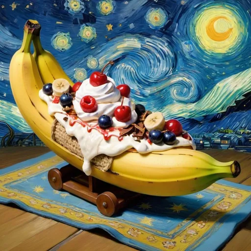 Prompt: A banana split flying on a "magic carpet" in "The Starry Night" by Vincent van Gogh