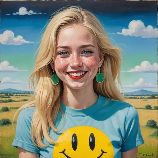 Prompt: a full-length portrait painting,
27 year-old  woman,
cover with dark freckle,
blue eyes,
long blonde hair,
red lipstick,
a smile on her face, 
black-smiley-face- ON-gold-earrings,  
smiley-face-T-shirt, 
with a green background and a blue sky,
1970s oil painting,

