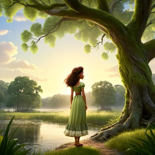 Prompt: "Journey back to the romantic and mystical atmosphere of 18th-century French Louisiana as you depict the iconic figure of Evangeline standing beneath the spreading branches of a majestic oak tree draped in Spanish moss. Let the soft, ethereal light of the bayou filter through the moss and leaves, casting gentle shadows on Evangeline's figure.

Capture the depth of Evangeline's emotions as she gazes out across the tranquil waters of the bayou, her eyes filled with longing and hope as she waits for her forever lost love, Gabriel. Infuse your artwork with a sense of melancholy and nostalgia, reflecting Evangeline's enduring devotion and the timeless themes of love and loss.

Experiment with color, texture, and brushstrokes to convey the lush beauty of the Louisiana landscape and the timeless allure of Evangeline's character. Whether you choose to depict her in a moment of quiet contemplation or with a hint of movement as a gentle breeze stirs the moss and ripples the water, let your imagination transport viewers to a world of romance and enchantment.