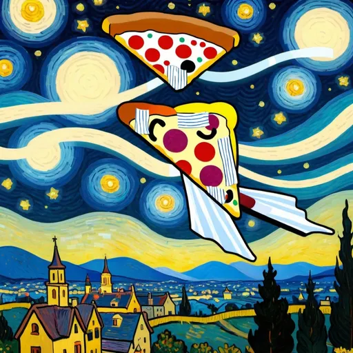 Prompt: A Pizza flying on a "magic carpet" in "The Starry Night" by Vincent van Gogh