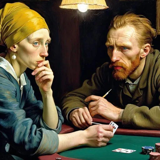 Prompt: " "Vincent van Gogh", and "the girl with the pearl earring" playing poker