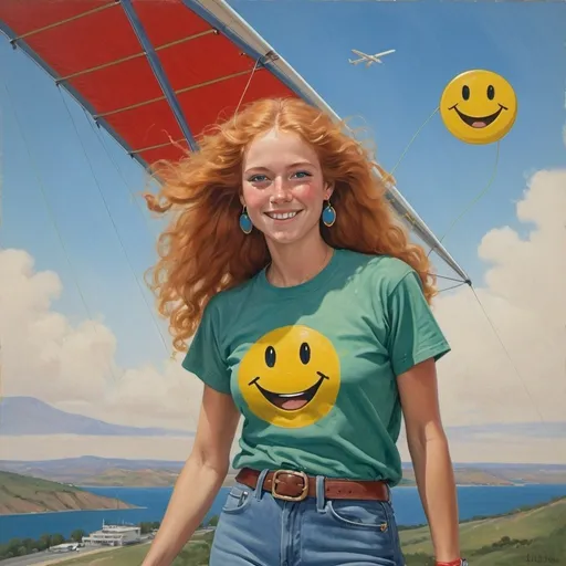 Prompt: a full-length portrait painting, Helen of Troy, 
hang gliding,
cover with dark freckle,
green eyes, 
long ginger hair
a smile on her face, 
 gold-earrings-with-a-smiley-face- ON-them
smiley-face  t-shirt, 
long blue jean,
red and blue tennis shoes,
1970s oil painting,

