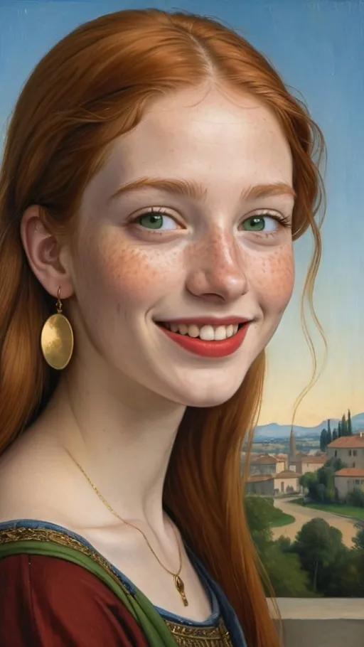 Prompt: a half-length portrait painting  of 20 year-old woman cover with dark freckle green eyes  long ginger hair red lipstick  on a smile on her face, "happy-face-gold-earrings",  T-shirt, with a green background and a blue sky, Fra Bartolomeo, academic art, renaissance oil painting, a painting in the style of  Mona Lisa