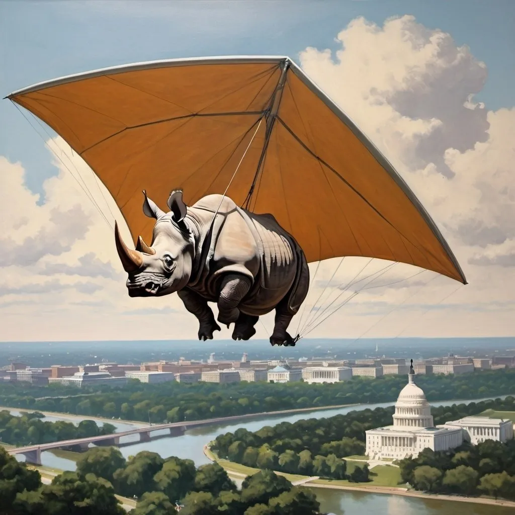 Prompt: a rhinoceros,  flying over washington DC on hang glider, 1970s oil painting,

