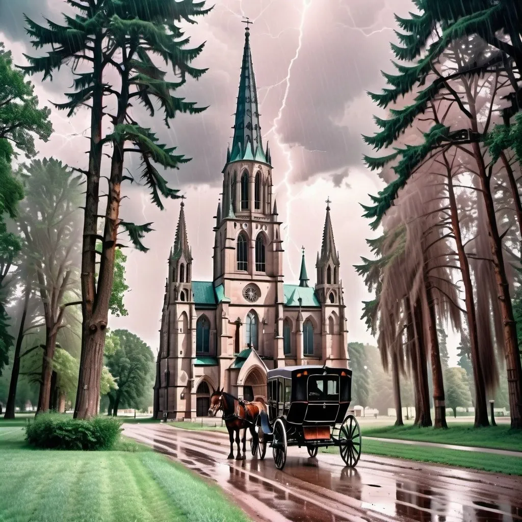 Prompt: a gothic cathedral with a steeple and  horse-drawn carriage parked in front of it in a thunder storm with trees,  romanesque, summer, a colorized photo