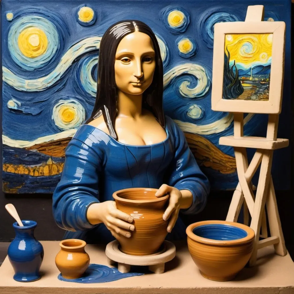 Prompt: Mona Lisa  making pottery on pottery wheel  in the style of "The Starry Night" by Vincent van Gogh