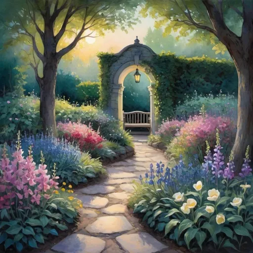 Prompt: Imagine a secluded garden at twilight, inspired by Emily Dickinson and Vincent van Gogh. The scene is vibrant and dynamic, with every flower and leaf glowing with inner light. In the foreground, a magnolia tree stands tall, its blossoms cascading like delicate lanterns, illuminated in soft shades of amethyst and pearl.

To the right, a cobblestone path winds through wildflower beds—foxgloves, bluebells, and daffodils—each bloom rendered with swirling, energetic strokes reminiscent of Van Gogh. Along this path, place a wrought-iron bench under an archway of climbing roses, their petals a vivid crimson contrasting with the deep greens of the foliage.

Above, the sky is a tapestry of twilight hues—indigo merging into sapphire, dotted with the first stars of evening. A crescent moon rises, casting a silvery light over the scene. Fireflies dance in the air, their tiny lights twinkling like distant constellations brought to earth.

Seated on the bench, a figure in a white dress holds a quill and notebook, lost in thought, her face partially obscured by a wide-brimmed hat. This figure represents the poet, finding inspiration in her garden sanctuary.

In the background, a low stone wall borders the garden, beyond which the outline of an old, stately house can be seen, its windows glowing warmly from within, suggesting a haven of comfort and contemplation.

Color Palette:

Amethyst, pearl, and crimson for the flowers
Indigo, sapphire, and silver for the sky
Deep green and vivid emerald for the foliage
Soft whites and warm yellows for the moonlight and fireflies
Use a combination of watercolor for the soft, glowing quality of the light and oil pastels for the vibrant, textured details of the flowers and foliage. This artwork should evoke tranquility, inspiration, and the timeless beauty of nature intertwined with the creative spirit.