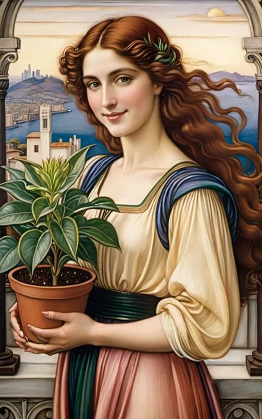 Prompt: a painting of a woman holding a potted plant in her hands and smiling at the camera with a city in the background, Evelyn De Morgan, pre-raphaelitism, pre - raphaelite, an art deco painting