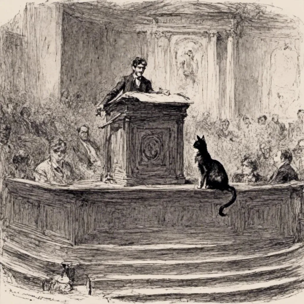 Prompt: <mymodel> "draw a cat sitting on a legislative  podium in  the well of  a legislative chamber during a legislative session."