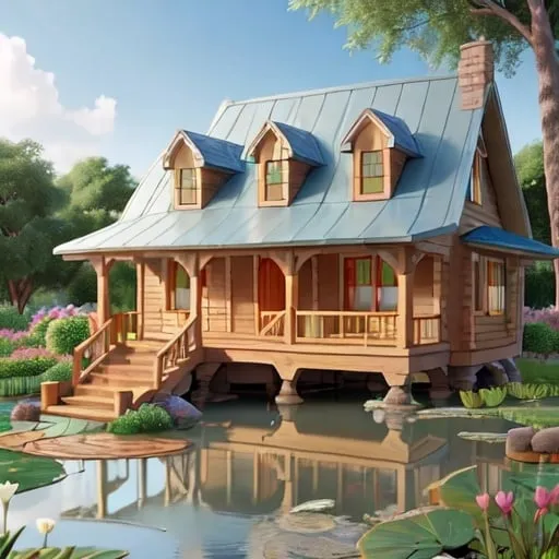 Prompt: create a very detailed and magnificent cottage in a water pond ,  in east Africa 