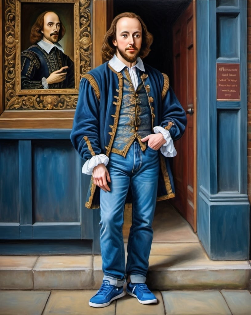 Prompt: a full-length portrait painting,
William Shakespeare,
standing on the sidewalk outside the 	Globe Theatre, 
A Midsummer Night's Dream souvenir t-shirt, 
long blue jean,
blue tennis shoes,
academic art, renaissance oil painting