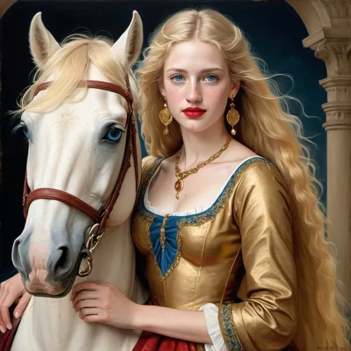 Prompt: a painting of Helen of Troy cover with dark freckle blue eyes long blonde hair red lipstick on a smile on her face, "gold earrings" renaissance dress riding on a horse,  academic art, renaissance oil painting, a painting