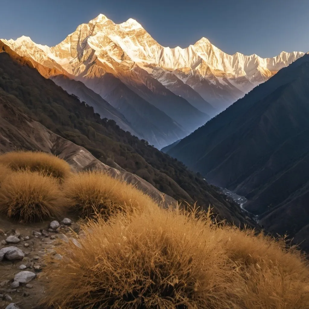 Prompt: Himalayas mountains at sunrise, 
wide angle view, 
full depth of field, 
beautiful, 
high resolution, 
realistic, 
detailed foliage,
serene atmosphere, 
golden hour lighting, 
majestic valleys,
majestic peaks, 
natural beauty,
landscape painting, 
professional quality, 
sunrise,
mountain range, 
majestic valleys, 
realistic, 
detailed foliage,
serene atmosphere, 
wide angle view, 
full depth of field, 
beautiful, 
high resolution, 
golden hour lighting, 
majestic peaks, 
natural beauty