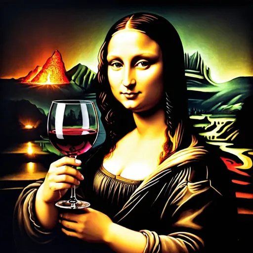 Prompt: Mona Lisa holding wine glass lava  at night 