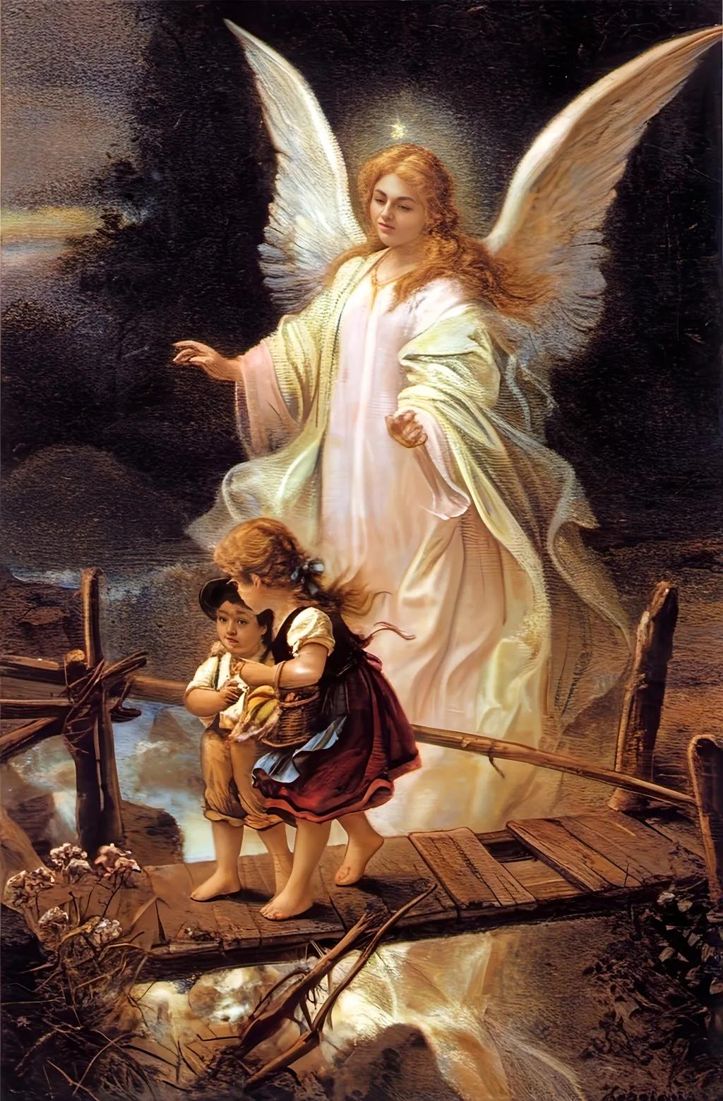 Prompt: Guardian Angel, German postcard 1900
a painting of a girl  and a younger boy on a bridge with an Guardian Angel above her and a cross in the background, Edmond Aman-Jean, gothic art, angelic, an oil on canvas painting