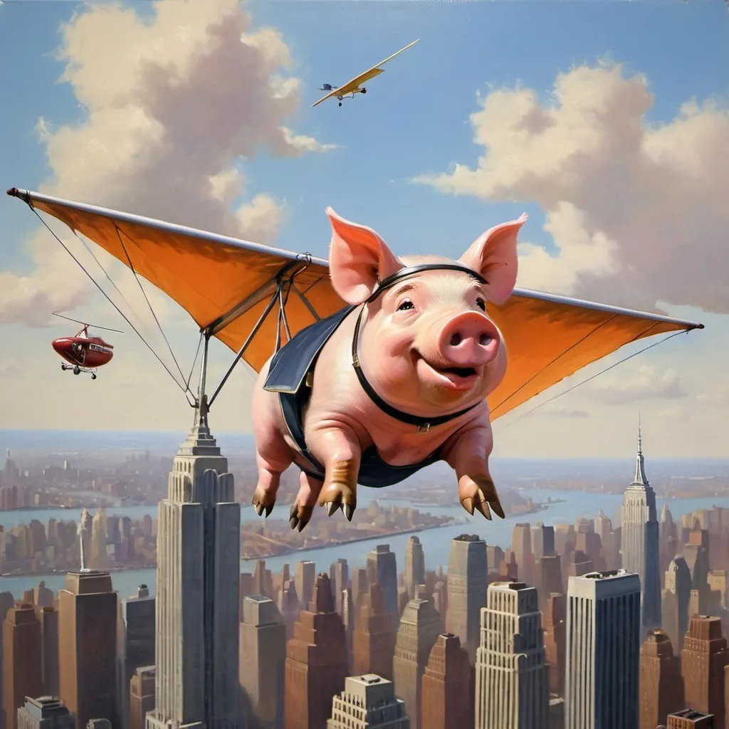 Prompt: a  pig ,  flying over New York city  on hang glider, 1970s oil painting,

