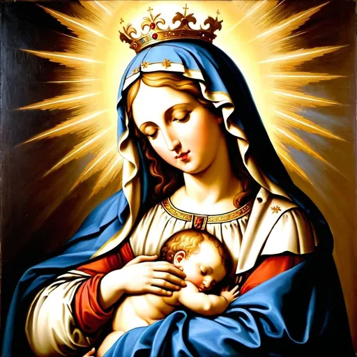 Prompt: a painting of the virgin Mary “ holding the baby Jesus in her arms with her flaming immaculate heart on her chest and a halo above her head, Anne Said, gothic art, renaissance oil painting, a flemish Baroque

Hail Mary, full of grace,
The Lord is with thee.
Blessed art thou amongst women,
And blessed is the fruit of thy womb, Jesus.
Holy Mary, Mother of God,
Pray for us sinners,
Now and at the hour of our death. 

the virgin Mary 

“My soul glorifies the Lord
     and my spirit rejoices in God my Savior,
 for he has been mindful
    of the humble state of his servant.
From now on all generations will call me blessed,
    for the Mighty One has done great things for me—
    holy is his name.
 His mercy extends to those who fear him,
    from generation to generation.
 He has performed mighty deeds with his arm;
    he has scattered those who are proud in their inmost thoughts.
 He has brought down rulers from their thrones
    but has lifted up the humble.
 He has filled the hungry with good things
    but has sent the rich away empty.
He has helped his servant Israel,
    remembering to be merciful
to Abraham and his descendants forever,
    just as he promised our ancestors.”