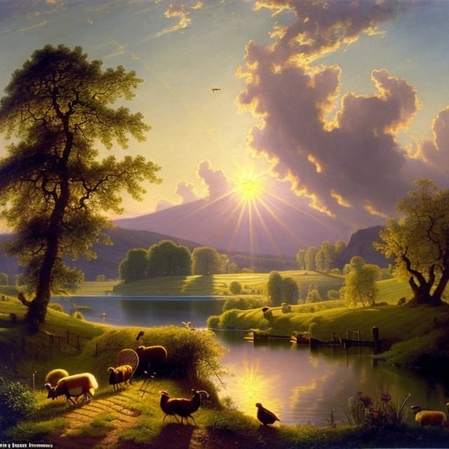 Prompt: Create a UHD, 64K, professional oil painting in the style of Carl Heinrich Bloch, blending the American Barbizon School and Flemish Baroque influences.   Depict the theme of the poem 

The Lake Isle of Innisfree
BY WILLIAM BUTLER YEATS

I will arise and go now, and go to Innisfree,
And a small cabin build there, of clay and wattles made;
Nine bean-rows will I have there, a hive for the honey-bee,
And live alone in the bee-loud glade.

And I shall have some peace there, for peace comes dropping slow,
Dropping from the veils of the morning to where the cricket sings;
There midnight’s all a glimmer, and noon a purple glow,
And evening full of the linnet’s wings.

I will arise and go now, for always night and day
I hear lake water lapping with low sounds by the shore;
While I stand on the roadway, or on the pavements grey,
I hear it in the deep heart’s core.

