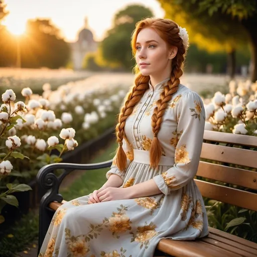 Prompt: beautiful 25-year-old woman sitting on a park bench.
long  hair ginger  in a well done French braid.
wide angle view, 
full depth of field, 
beautiful, 
high resolution, 
realistic, 
detailed hair,
beautiful atmosphere, 
golden hour lighting, 
misty colors
majestic long cotton flower print Empire Dress with a high neck line, 
natural beauty,
portrait painting, 
professional quality, 
sunrise,
flowers, 
majestic flower print , 
realistic, 
detailed hair,
serene atmosphere, 
wide angle view, 
full depth of field, 
beautiful, high resolution, 
golden hour lighting, 
majestic  long cotton flower print Empire Dress with a high neck line, 
natural beauty.