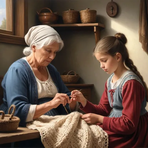 Prompt: Create a UHD, 64K, professional oil painting in the style of Carl Heinrich Bloch, realism, "A heartwarming scene where a grandmother is teaching her granddaughter how to crochet. The setting is cozy and filled with warmth, showcasing the bond and joy of passing down skills through generations."

