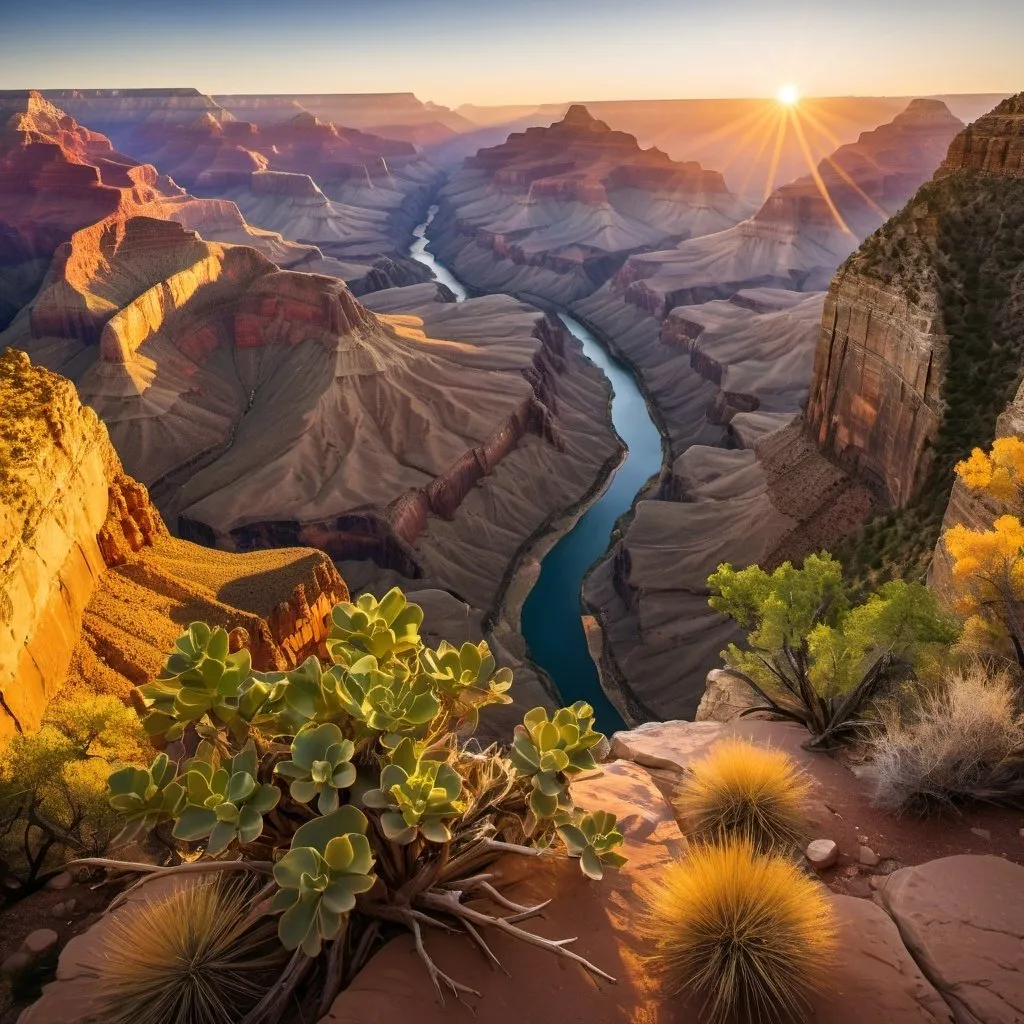 Prompt: Grand Canyon at sunrise, 
wide angle view, 
full depth of field, 
beautiful, 
high resolution, 
realistic,
detailed foliage, 
serene atmosphere, 
golden hour lighting, 
majestic Colorado River, 
exquisite rock formations, 
natural beauty, 
landscape painting,
professional quality, 
sunrise, 
Canyon walls, 
majestic  Colorado River, 
realistic, 
detailed foliage, 
serene atmosphere,
wide angle view,
full depth of field, 
beautiful, 
high resolution, 
golden hour lighting, 
exquisite rock formations, 
natural beauty

