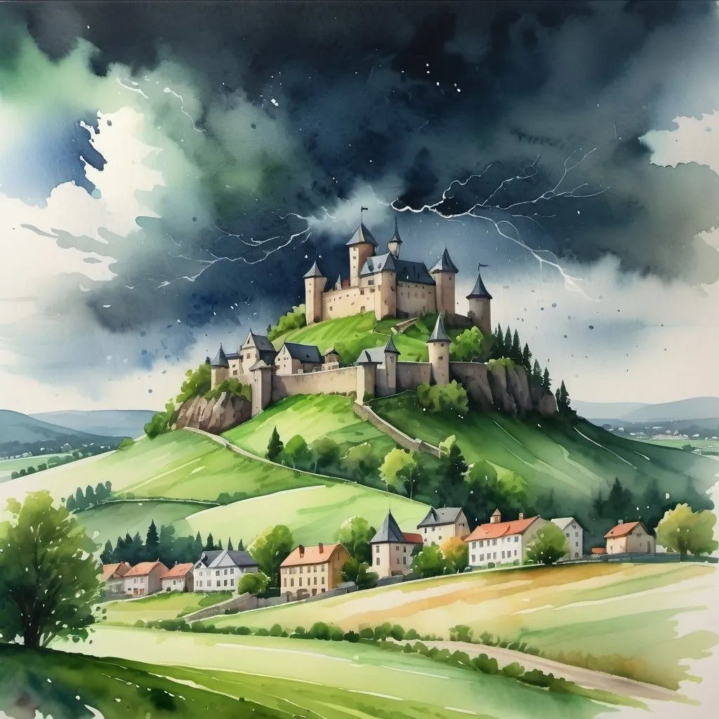 Prompt: Create a UHD, 64K, professional Watercolor painting, a  small town with a castle on a hill under a dark sky with clouds above it and a green field below,  thunderstorm, 