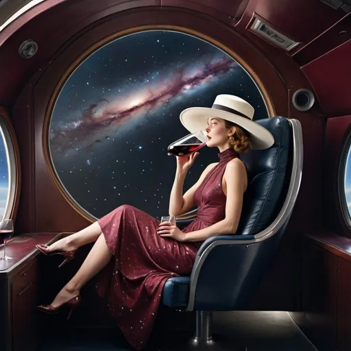 Prompt: a 21-year-old woman in a long flower print Empire Dress with a high neck line and white hat sitting on a spaceplane seat with a hat on her head drinking a glass of red wine,  and (( the Andromeda Galaxy))  in the background with a window, Annie Leibovitz, precisionism, promotional image, an art deco painting  