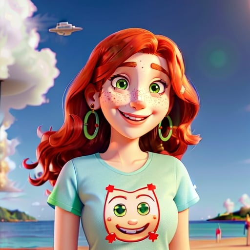 Prompt: photorealistic portrait of a [(27 year-old woman),  (cover with dark freckle), (green eyes), (long ginger hair), (red lipstick), (a smile on her face), ( smiley face earrings), (smiley-face t-shirt), (long blue jean), (red and blue tennis shoes),]on the beach, looking very excited at an attacking UFO