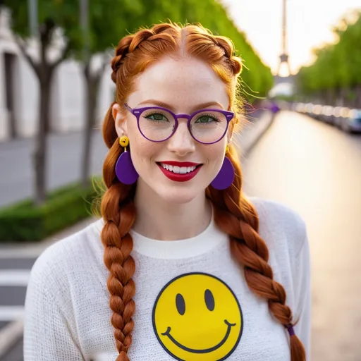 Prompt: the woman is 25-year-old, green eyes. cover with dark freckle. long ginger hair ginger in a French braid. wearing lipstick red. broad rimmed eyeglasses purple.


 the woman is wearing  earrings.

the earrings  has the classic  1970s  yellow smiley face on them.

 