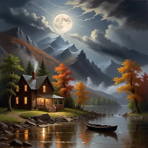 Prompt: Create a UHD, 64K, professional oil painting in the style of Albert Bierstadt, Hudson River School, american scene painting, a painting of a house by a river with a boat in the water and a full moon in the sky,  It was a stormy night The storm roared and rumbled in the mountains The storm increased The thunder rolled and the rain continued to beat with unabated fury and the moon had sunk behind the dark summits of the mountains leaving only a dim and uncertain light.