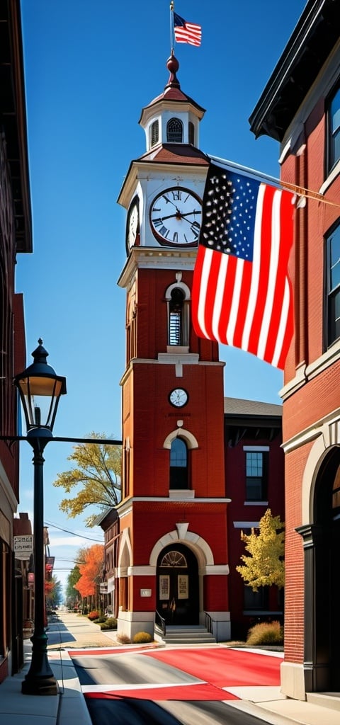 Prompt: a clock tower with a flag on the street in front of it and a flag flying in the wind, Dennis Ashbaugh, regionalism, award - winning photo, a digital rendering