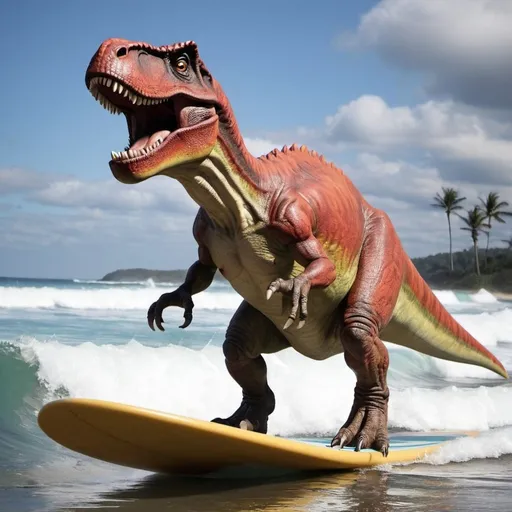 Prompt: tyrannosaurus riding surfboard