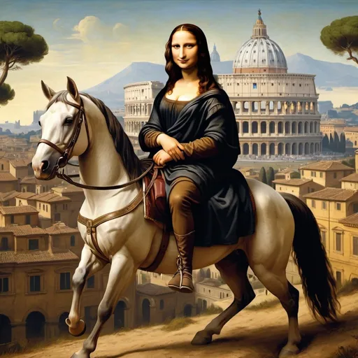 Prompt: Mona Lisa riding a horse stacking  the ancient city of Rome