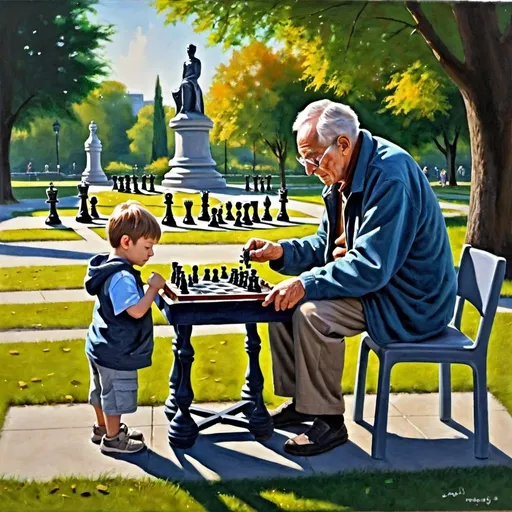 Prompt: A painting of a grandfather  teaching his  young grandson  to play chess in a park.