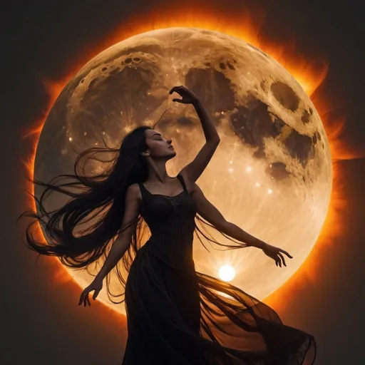 Prompt: Sun's fiery embrace,
Moon dances in shadow's grace,
Darkness in the space.