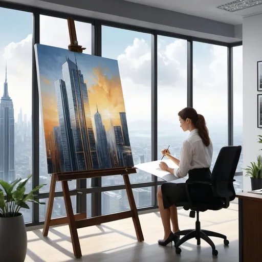 Prompt: painting of a woman working in  an office as an architect designing a skyscraper, 
a realistic painting,
UHD, 
 64K